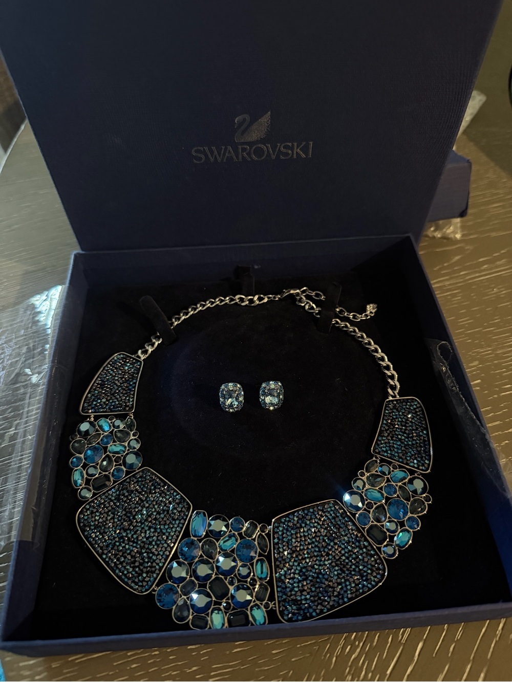 Swarovski Deep Blue Multi-Crystal Statement Necklace with Studs